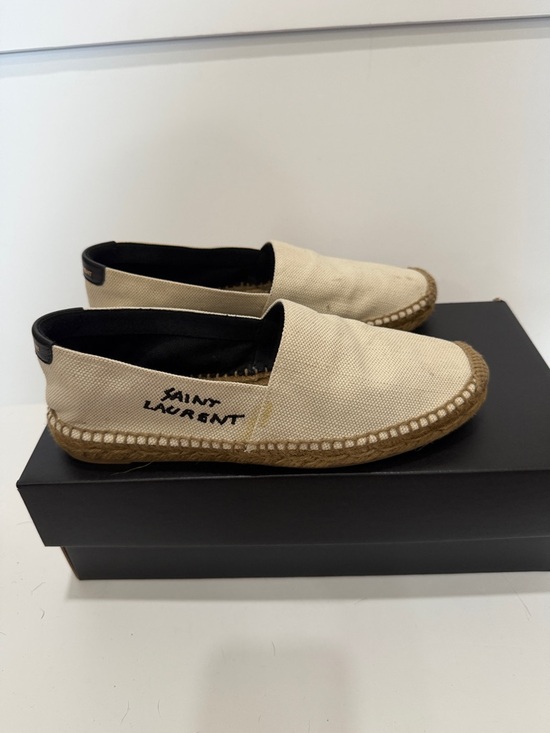 Yves Saint Laurent Shoes - Yves Saint Laurent Cream Canvas Espadrille Flats with Black Trim